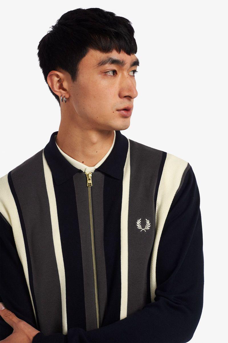 Navy Fred Perry Striped Zip-Through Cardigan Men's Knitwear | PH 1323LISH